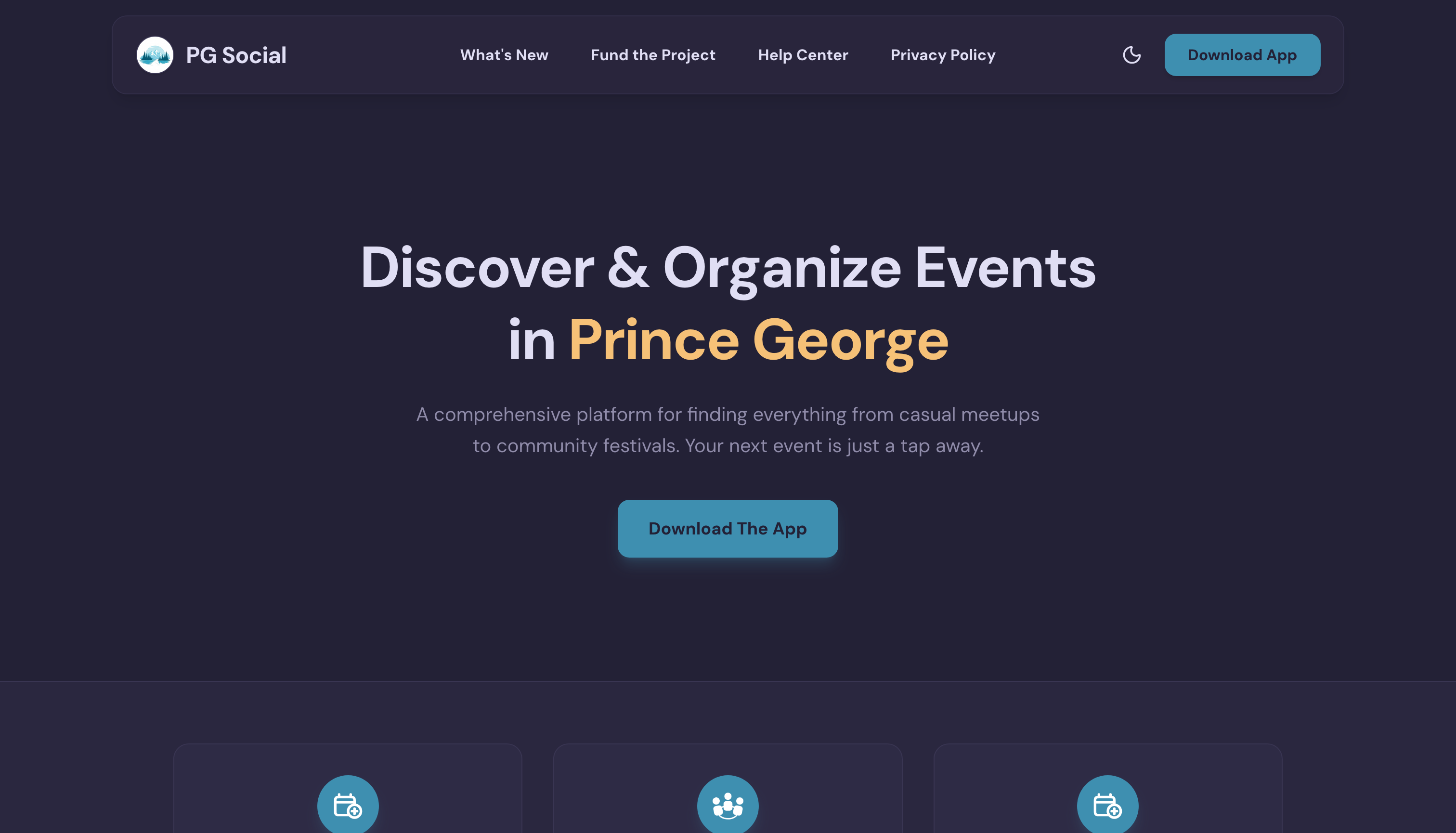 PG Social app screen listing local events in Prince George, BC.